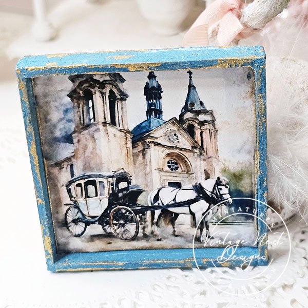 Horse and Carriage No.1:1 Dollhouse Miniature Handmade Wooden Framed Art image 2