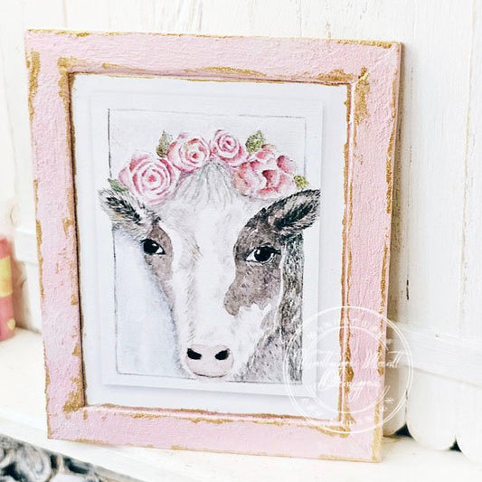 Dollhouse Miniature Cow with Roses No.1:2 Handmade Wooden Framed Art image 0
