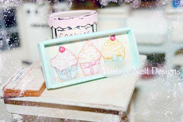 Three Cupcakes No.4:5 Dollhouse Miniature Handmade Wooden Framed Art image 0