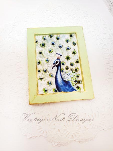 Peacock No.2:1 Dollhouse Miniature Handmade Wooden Framed Art image 3
