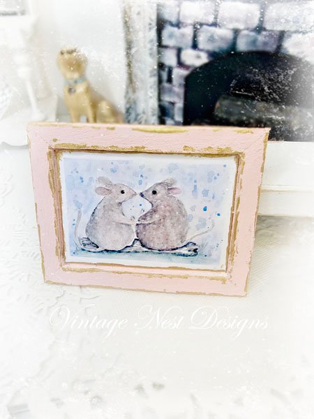Mice No.9:1 Dollhouse Miniature Handmade Wooden Framed Art image 0