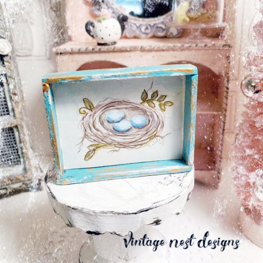 Bird Nest No.1:1 Dollhouse Miniature Handmade Wooden Framed Art image 0