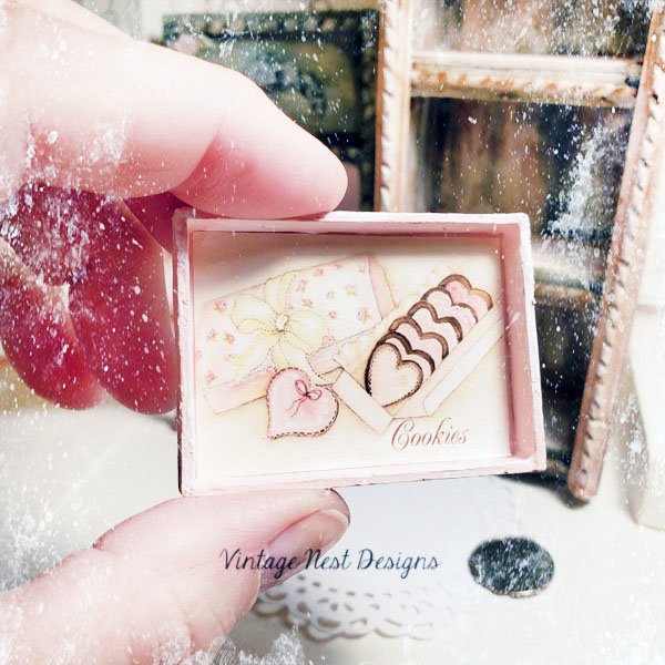 Box of Pink Cookies No.1:1 Dollhouse Miniature Handmade Framed Wooden Art image 3