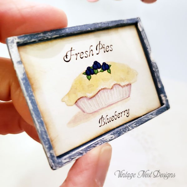 Blueberry Pie No.1 Dollhouse Miniature Handmade Wooden Framed Art image 1