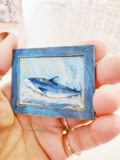 Shark No.1:1 Dollhouse Miniature Handmade Wooden Framed Art image 4