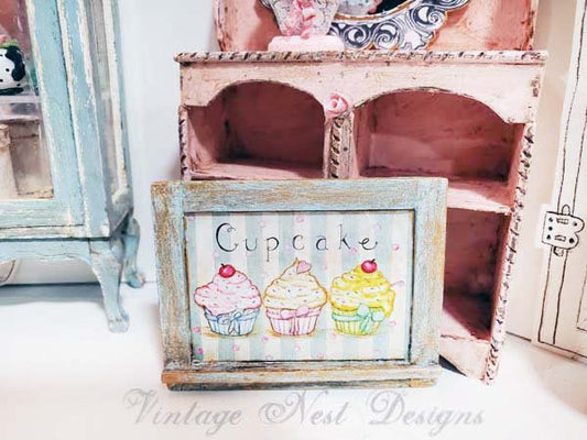 Three Cupcakes No.4:2 Dollhouse Miniature Handmade Wooden Framed Art image 0