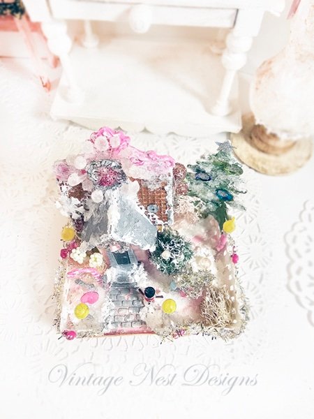 Miniature Christmas Putz Glitter Holiday House No.7 Handmade image 4