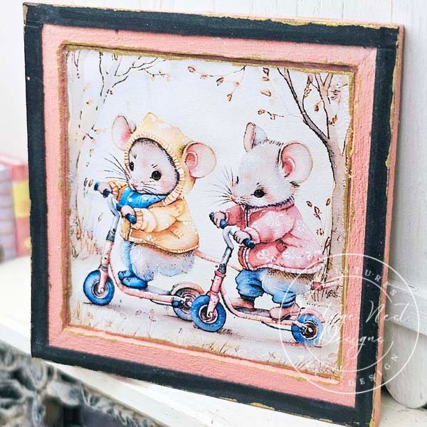 Nursery Mice No.1:3 Dollhouse Miniature Handmade Wooden Framed Art image 7