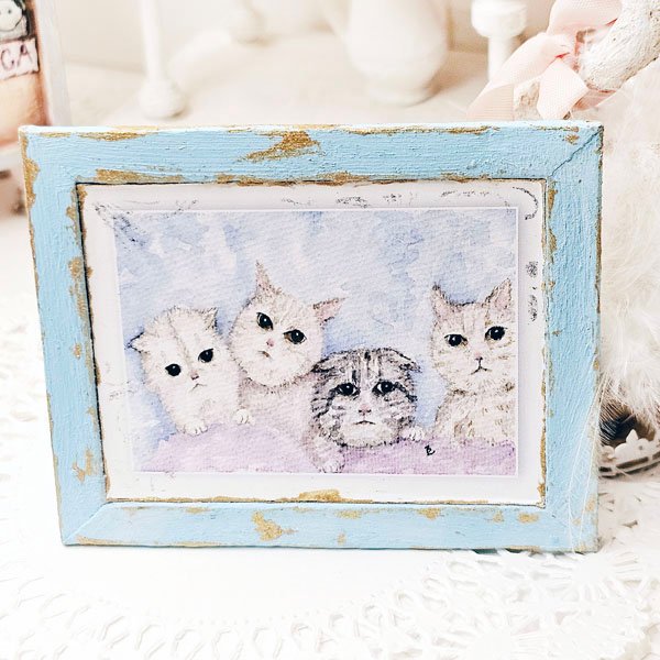 Kittens No.5:2 Dollhouse Miniature Handmade Wooden Framed Art image 0