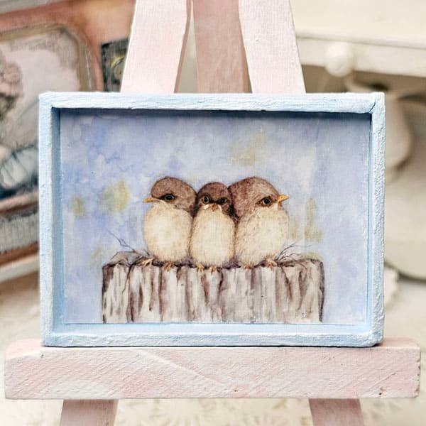 Three Tweets No.1:1 Dollhouse Miniature Handmade Wooden Framed Art image 1