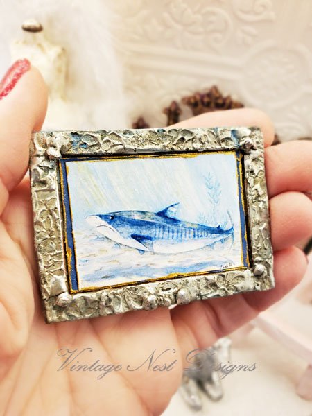 Shark No.1:3 Dollhouse Miniature Handmade Metal Framed Art image 4