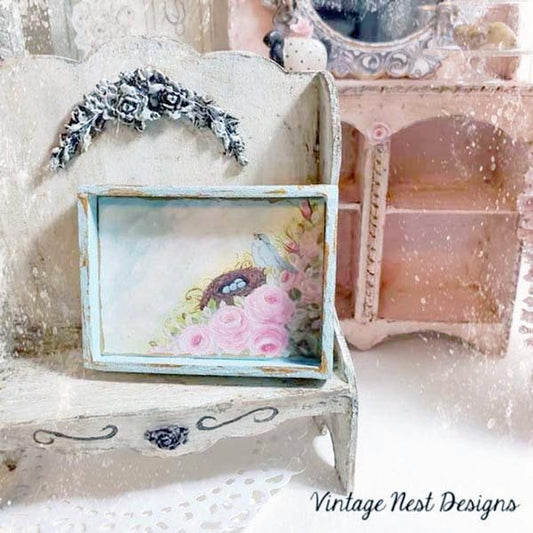 Bird Nest Roses No.1:1 Dollhouse Miniature Handmade Wooden Framed Art image 0