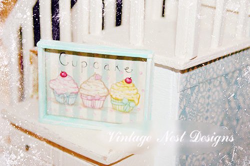 Three Cupcakes No.4:4 Dollhouse Miniature Handmade Wooden Framed Art image 0