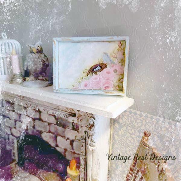 Bird Nest Roses No.1:1 Dollhouse Miniature Handmade Wooden Framed Art image 3
