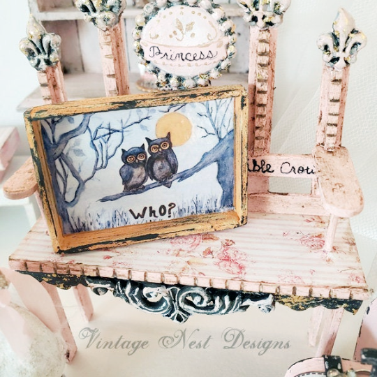 Owls, One Who No.1:1 Dollhouse Miniature Handmade Wooden Framed Art image 4