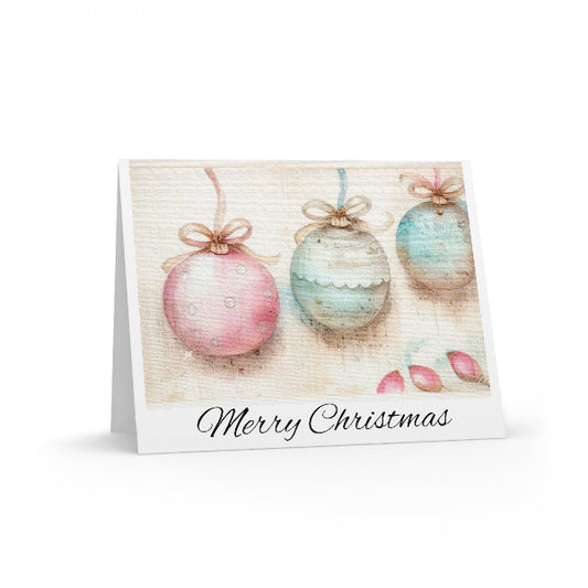 Christmas card with pastel-colored ornaments and 'Merry Christmas' text on a white background
