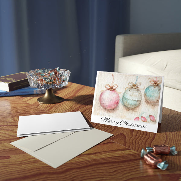 Christmas card with baubles on a wooden table with envelopes and candy.