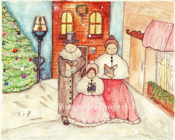 Christmas Carolers No.1 Digital Prints Watercolor Painting image 0