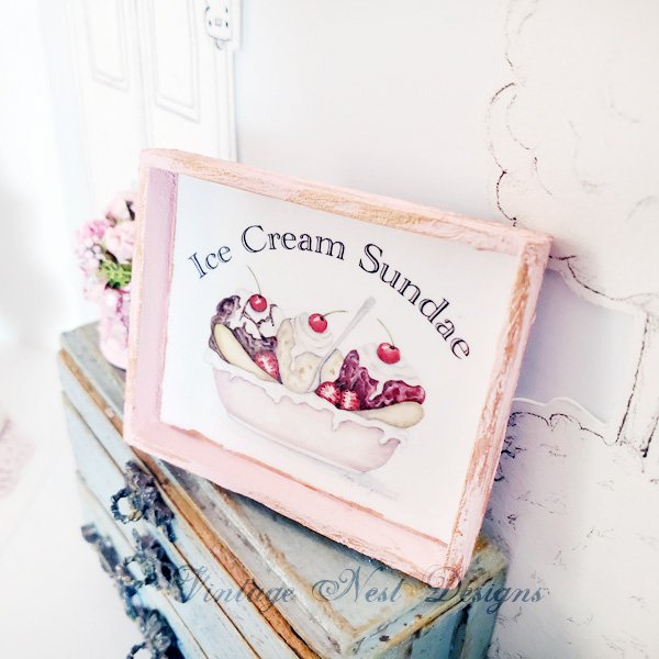 Banana Split Sundae No.3:1 Dollhouse Miniature Handmade Wooden Framed Art image 4