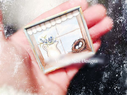 Bird Nest No.20:1 Dollhouse Miniature Handmade Wooden Framed Art image 0