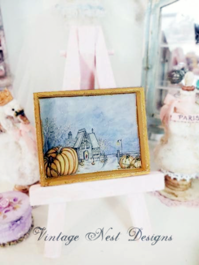 Halloween Pumpkins No.2:2 Dollhouse Miniature Handmade Wooden Framed Art image 0