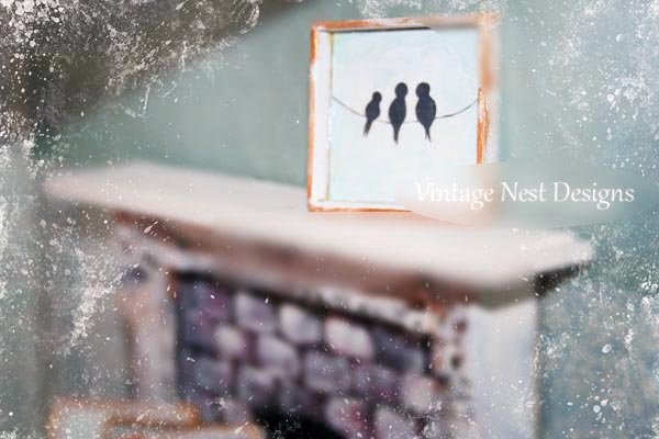 Bird on a Wire No.1:1 Dollhouse Miniature Handmade Wooden Framed Art image 1