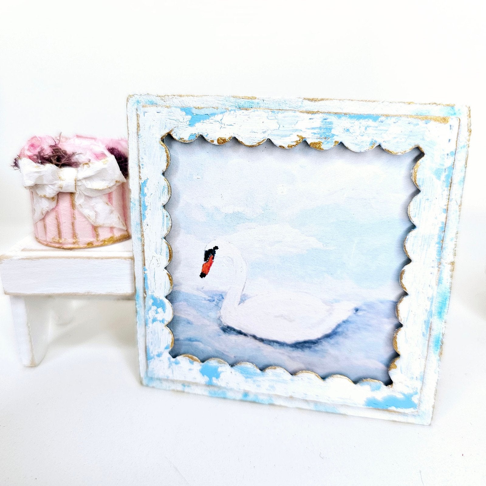 Swan No.1:3 Dollhouse Miniature Handmade Wooden Framed Art image 0