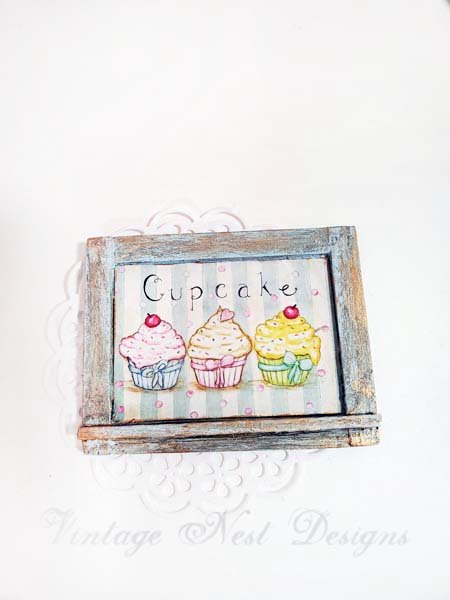 Three Cupcakes No.4:2 Dollhouse Miniature Handmade Wooden Framed Art image 3