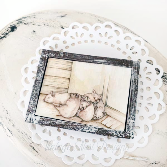 Piglets No.1:2 Dollhouse Miniature Handmade Wooden Framed Art image 2