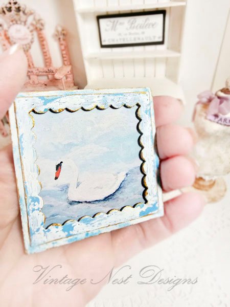 Swan No.1:3 Dollhouse Miniature Handmade Wooden Framed Art image 5