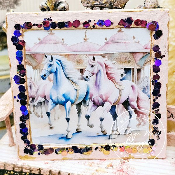 Carousel Horses No.1:1 Dollhouse Miniature Handmade Wooden Framed Art image 7