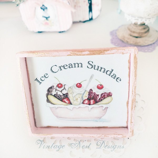 Banana Split Sundae No.3:1 Dollhouse Miniature Handmade Wooden Framed Art image 0