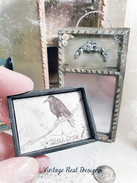Black Crow No.1:1 Dollhouse Miniature Handmade Framed Art image 1
