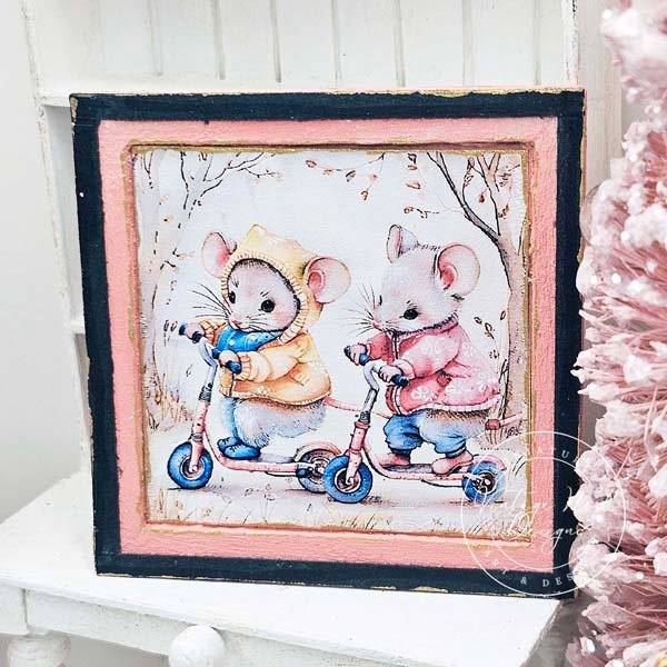 Nursery Mice No.1:3 Dollhouse Miniature Handmade Wooden Framed Art image 2