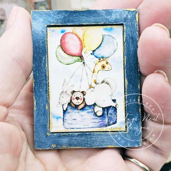 Animals & Balloons No.1:2 Dollhouse Miniature Handmade Wooden Framed Art image 4