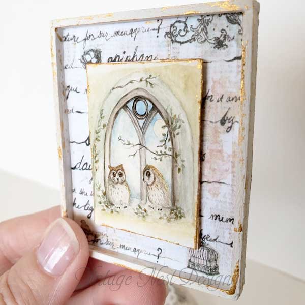 Two Owls in a Window No.2:2 Dollhouse Miniature Handmade Wooden Framed Art image 2