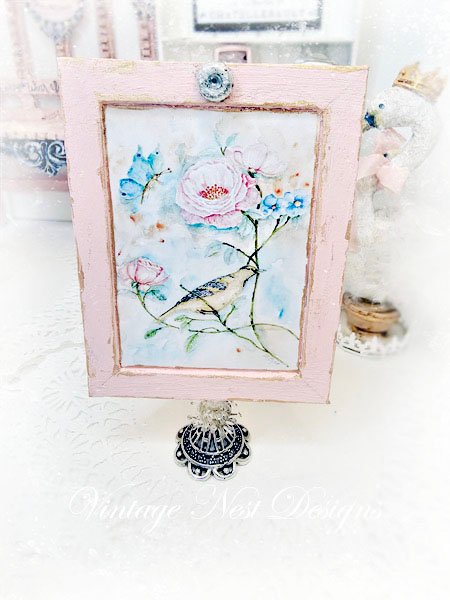 Bird Nest Roses No.5:2 Dollhouse Miniature Handmade Wooden Framed Art image 1