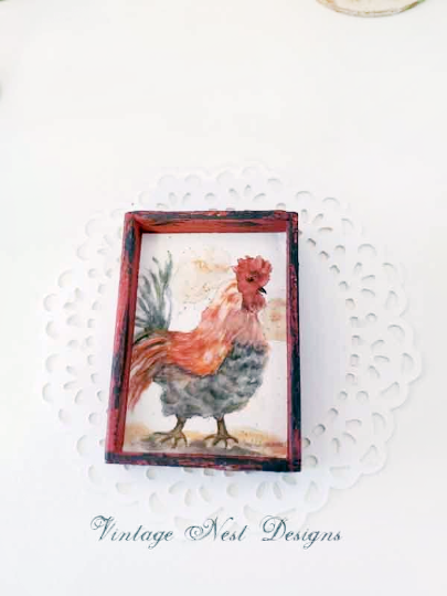 Rooster No.4:2 Dollhouse Miniature Handmade Wooden Framed Art image 5