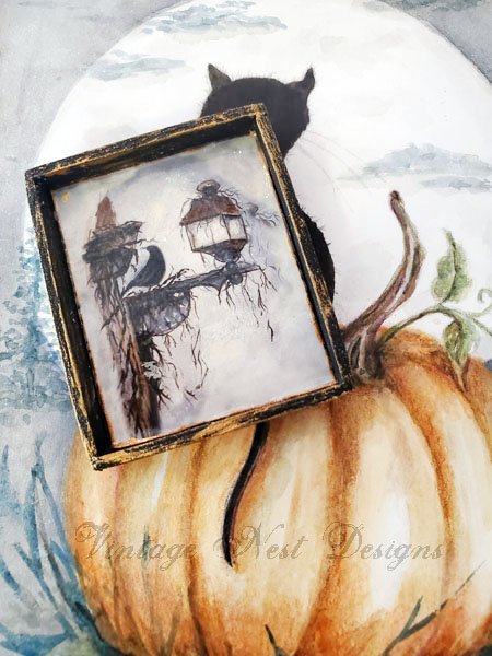 Crow and Lantern No.1:3 Dollhouse Miniature Handmade Wooden Framed Art image 0