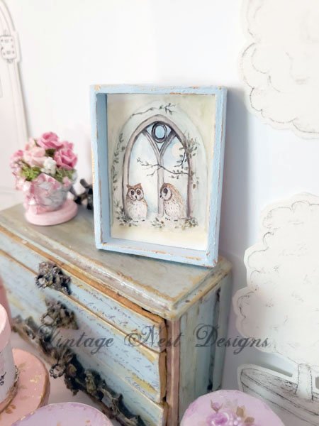Two Owls in a Window No.1:1 Dollhouse Miniature Handmade Wooden Framed Art image 3