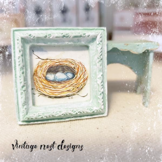 Bird Nest Blue Eggs No.1:1 Dollhouse Miniature Framed Art image 0