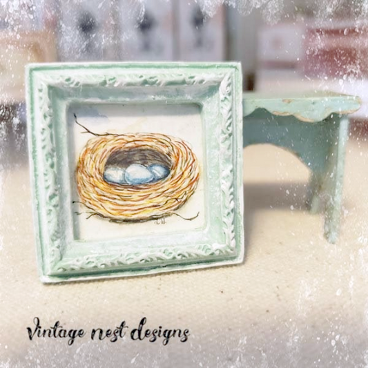 Bird Nest Blue Eggs No.1:1 Dollhouse Miniature Framed Art image 0