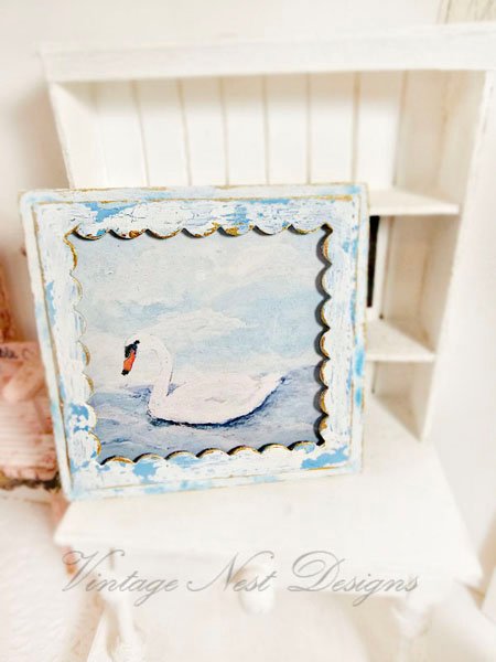 Swan No.1:3 Dollhouse Miniature Handmade Wooden Framed Art image 2