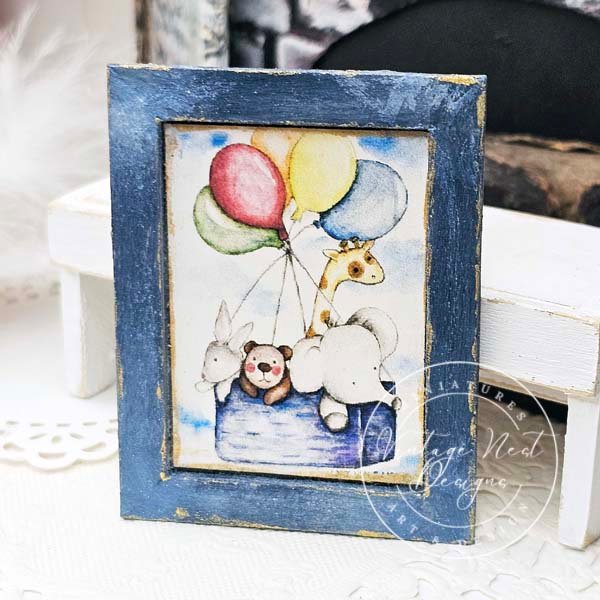 Animals & Balloons No.1:2 Dollhouse Miniature Handmade Wooden Framed Art image 8