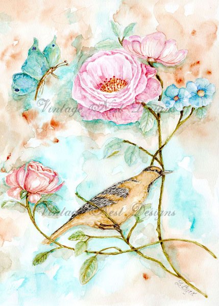 Bird Nest Roses No.5:1 Digital Prints Watercolor Painting image 0