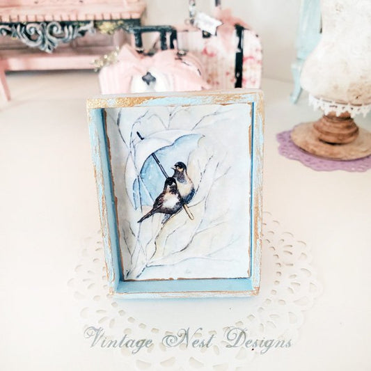Winter Snowbirds No.1:1 Dollhouse Miniature Handmade Wooden Framed Art image 0