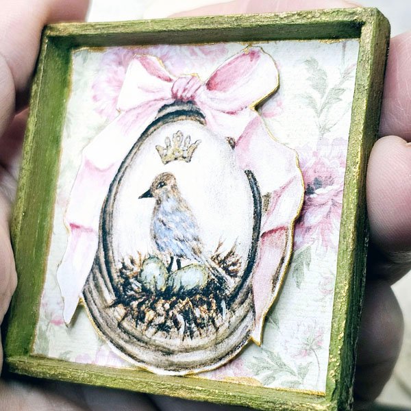 Bird Nest Green Eggs No.1 Dollhouse Miniature Handmade Framed Art image 3
