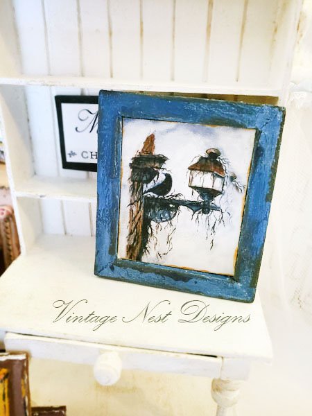 Crow Lantern No.1:4 Dollhouse Miniature Handmade Wooden Framed Art image 1