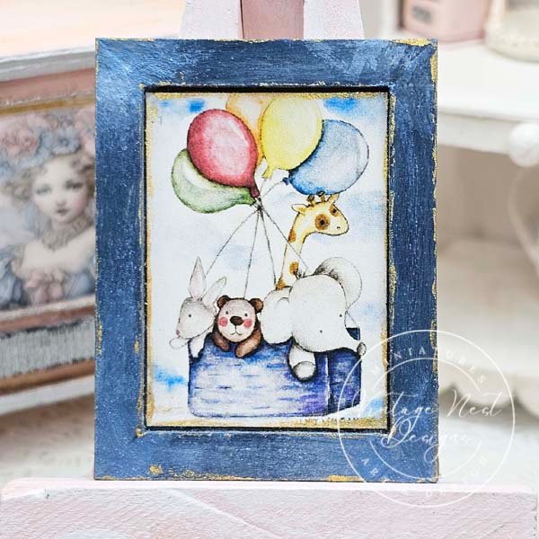 Animals & Balloons No.1:2 Dollhouse Miniature Handmade Wooden Framed Art image 7