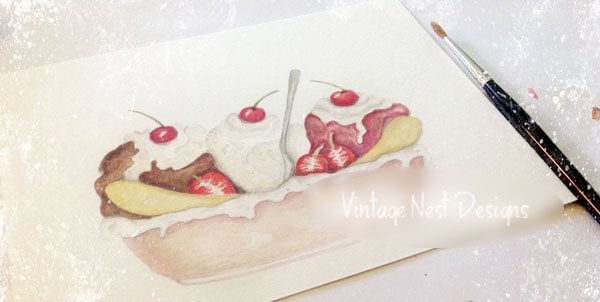 Banana Split Sundae No.1 Digital Prints Watercolor Painting image 1